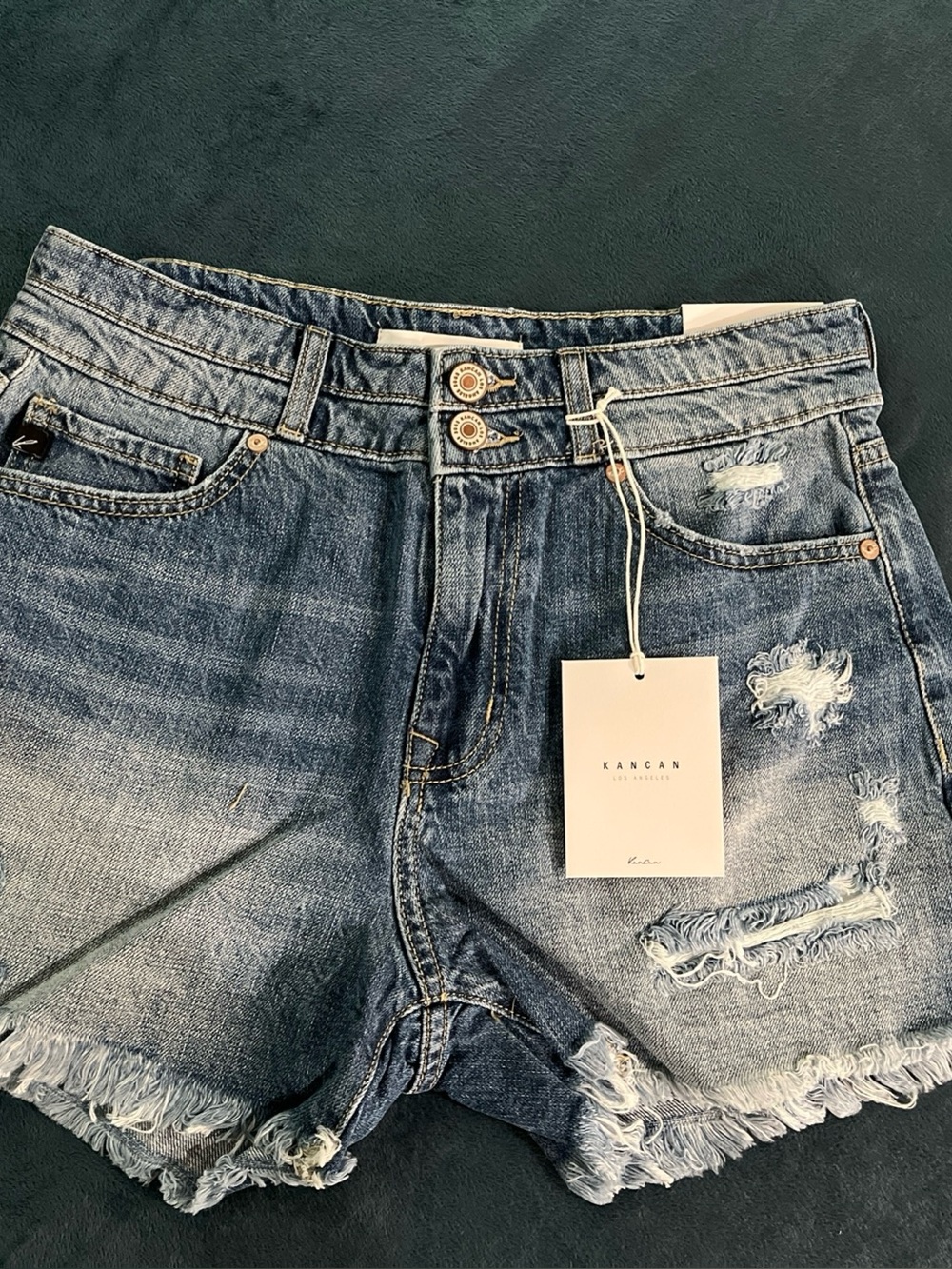 Size 7(27) KanCan High Rise Double Button Blue Denim Cutoff Jean Shorts